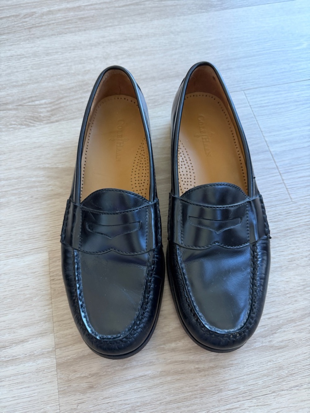 Cole Haan Black Leather Penny Loafers with Tan Lining